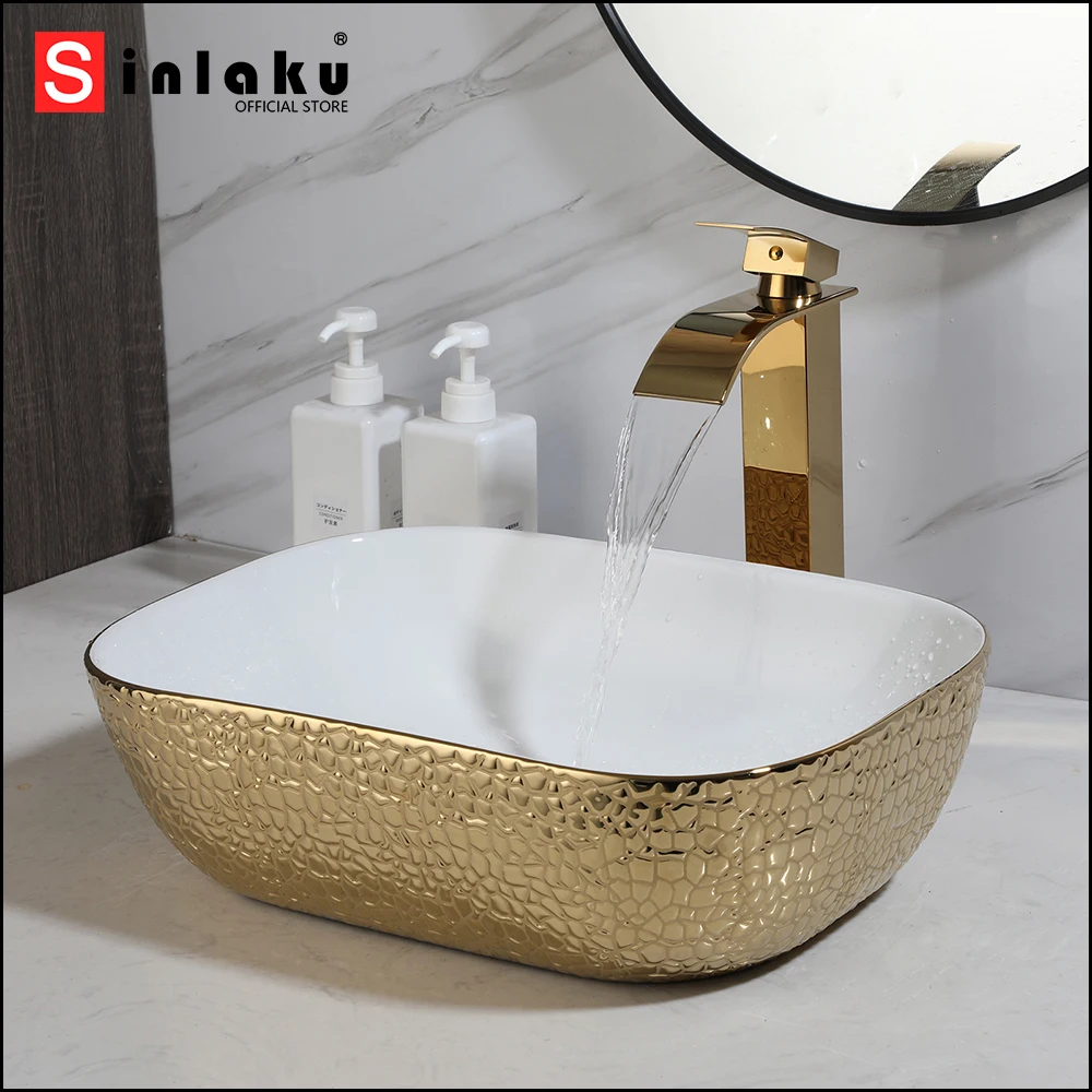 SINLAKU US Bathroom Vessel Sink Gold  White Ceramic Rectangular Above Counter Art Basin Hammered Texture w/ Waterfall Faucet