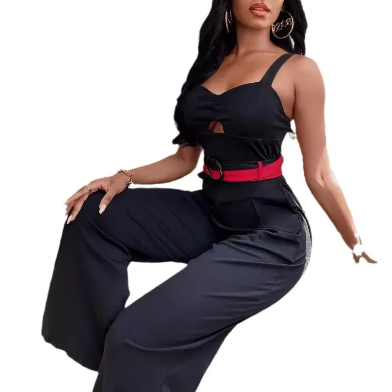 2024 Primavera Estate Nuove donne Abbigliamento Tinta unita Cinghie per spaghetti Senza maniche Scava fuori Cintura Pantaloni interi