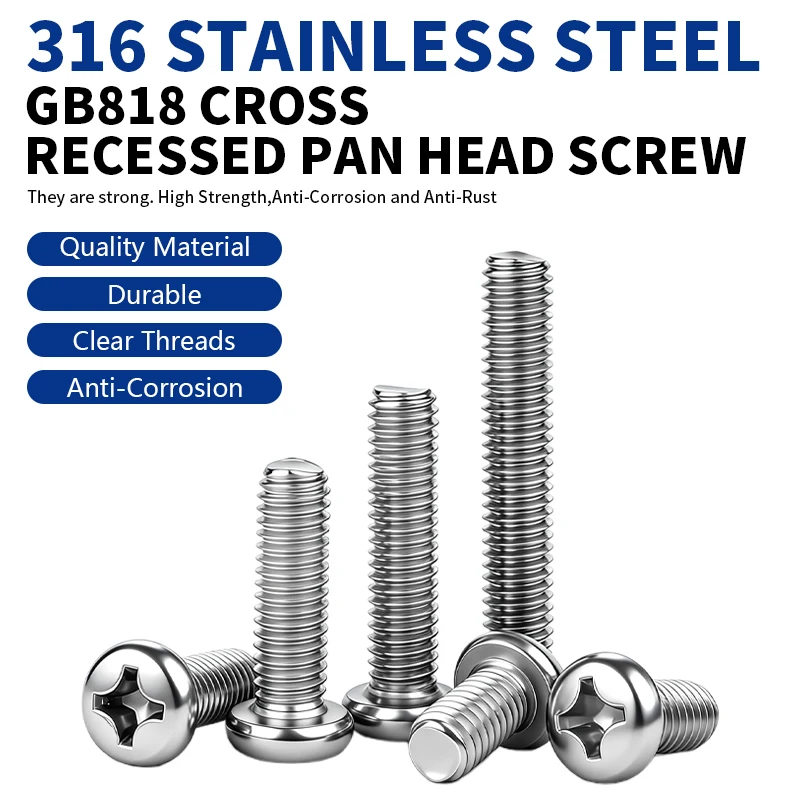 316 Stainless Steel Phillips Round Pan Head Machine Screws GB818 Cross Recessed Thread Bolts M2 M2.5 M3 M4 M5 M6 M8 M10
