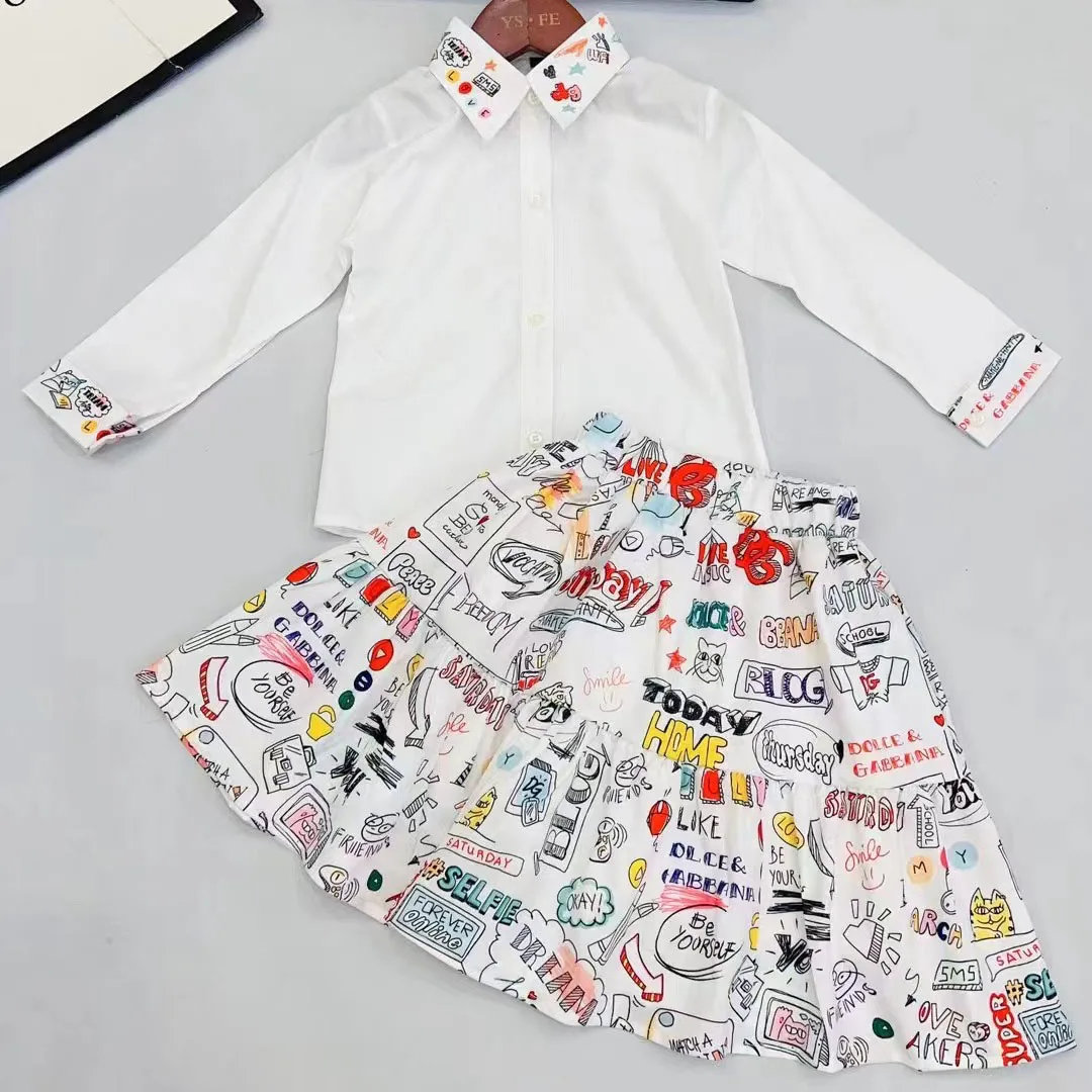 2023 New Autumn Baby Kids Outfit White Blouse Top+Graffiti Skirt Baby Girl Children Quality Brand Clothing Set for Teenagers