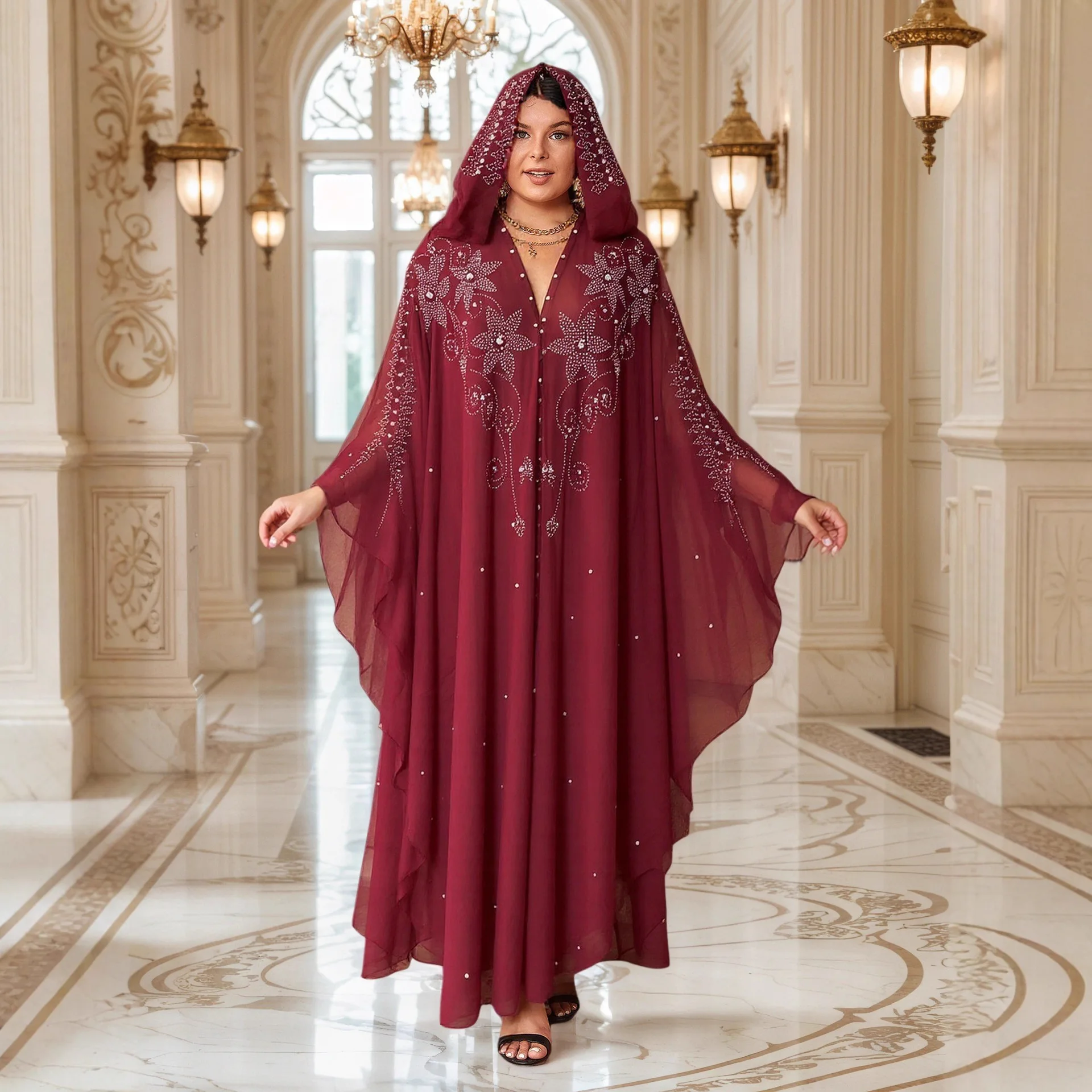 Элегантное африканское женское шифоновое праздничное платье Дубай с жемчугом и бриллиантами, с капюшоном, Абая, мусульманское платье с рукавами «летучая мышь», открытое кимоно Boubou, марокко, кафтан