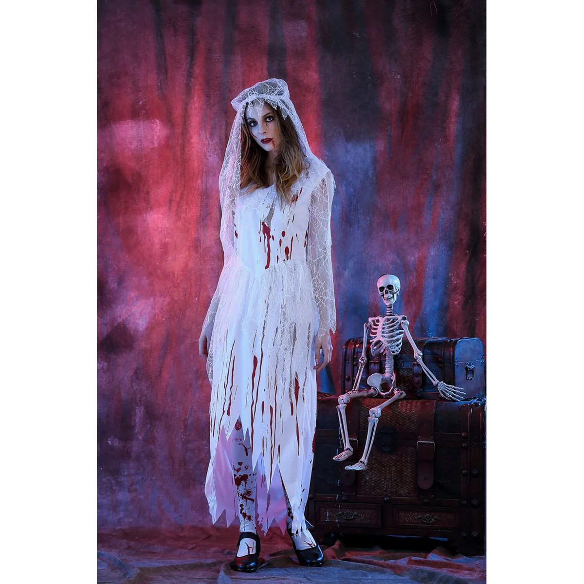 Costume de mariée fantôme 2 pièces, robe longue d'halloween, voile, Costumes d'halloween pour femmes, Costume de fête Cosplay de mariée fantôme