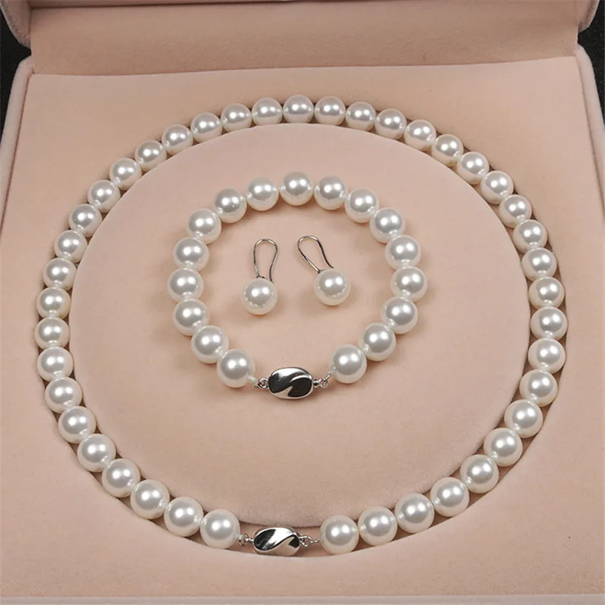

10MM white shell pearl knot necklace bracelet earring set Cross Jewelry Wedding Charms Tibetan Dragon Women Gemstone Chain