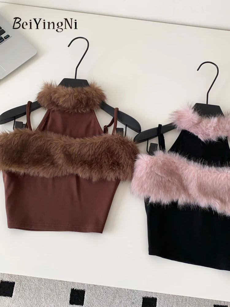 

Beiyingni Y2K укороченные топы женские, новинка 2025, стильный повседневный сексуальный пушистый жилет с лямкой на шее, женская шикарная уличная одежда, узкие клубные кофточки