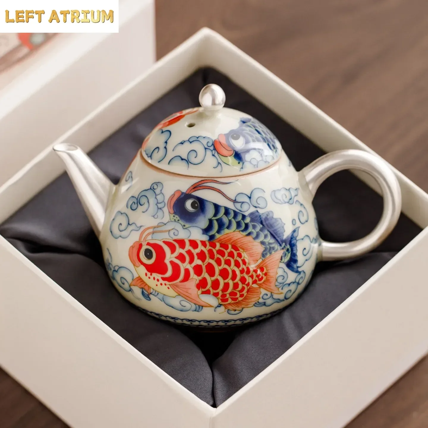 155ML Plant Ash Hand-plated 999Silver Cloud Carp Changle Teapot Household Tea Separation Pot High-grade KungFu TeaSet Pot Holder