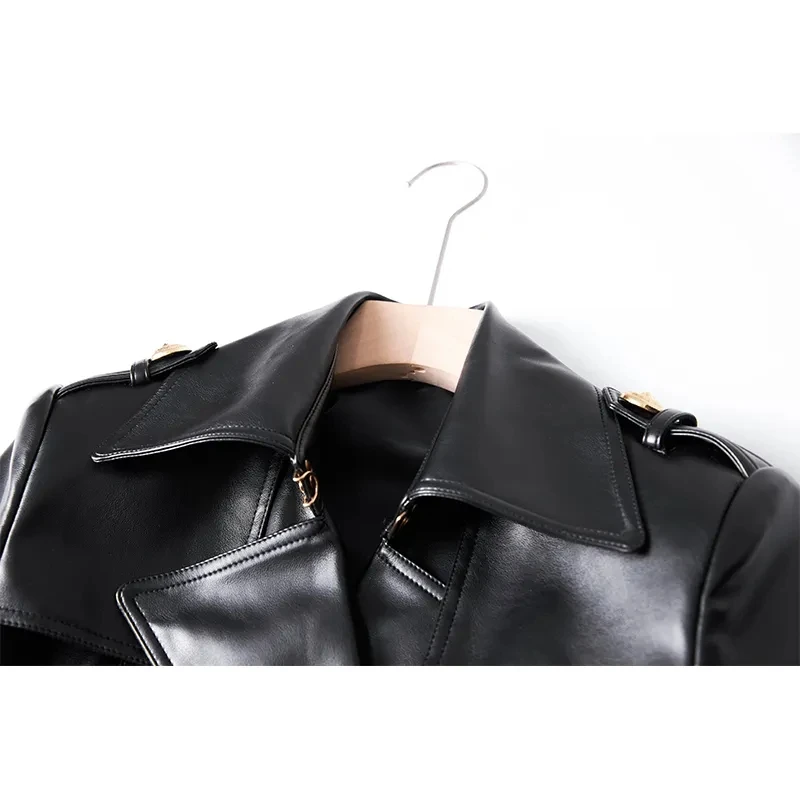 New Winter Luxury Design Double Breasted Black PU Leather Long Coats for Ladies Quality Street Women Trench with Belt