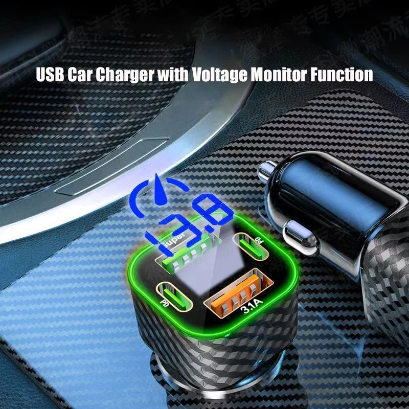 380W Car Phone Charger USB C Dual PD 4 in 1 with Voltage Display Super Fast Charge Adapter For iPhone Xiaomi Oppo Vivo Samsung