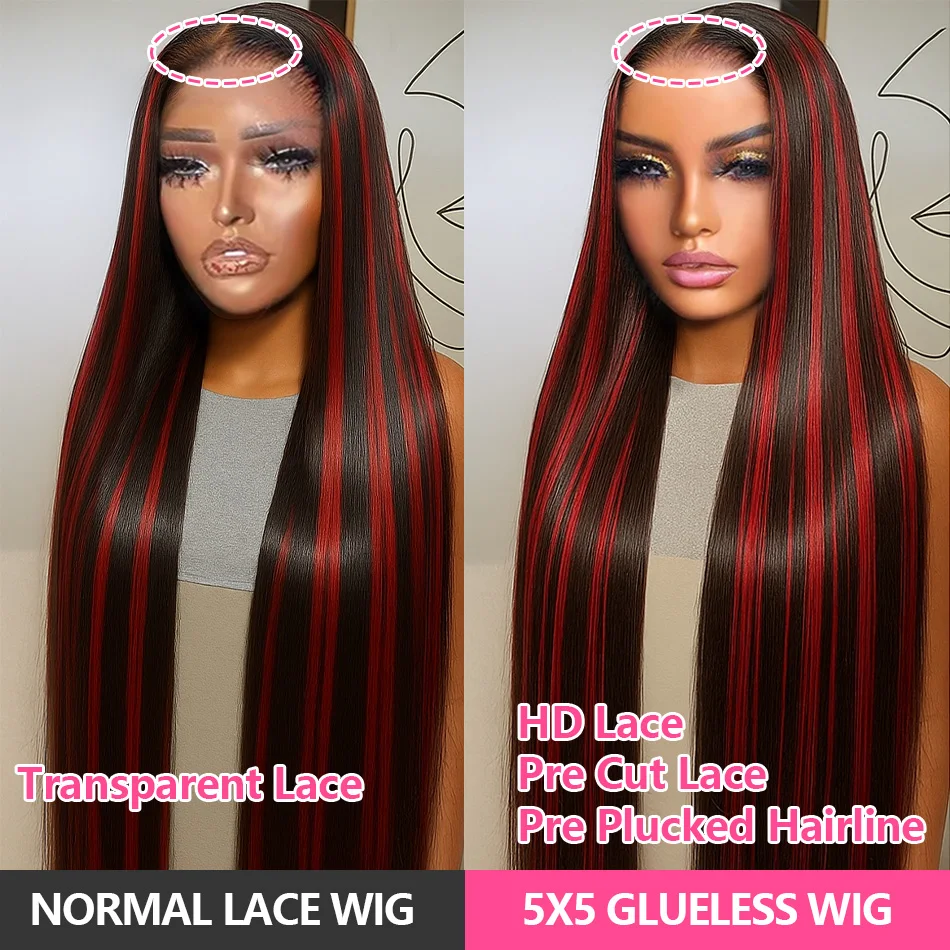 الأحمر تسليط الضوء على العظام مستقيم 100% خصلات الشعر المستعار الإنسان مع الانفجارات للنساء البرازيلي 5x5 Hd الدانتيل أمامي خصلات الشعر المستعار الإنسان غلويليس