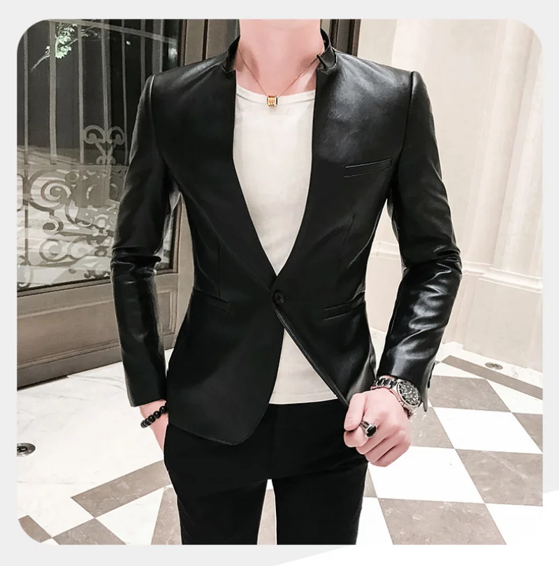 

Solid Black Slim Fit Blazer Hombre PU Leather Jacket Men One Button Business Casual Prom Blazers For Men Korean Suit Coat