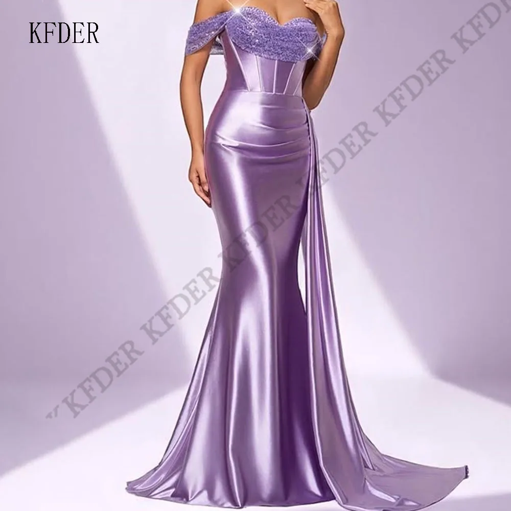 Lavender Shiny Sequins Prom Dresses Mermaid Satin Sweetheart Pleats Party Dresses Off Shoulder Robe Soirée Customized