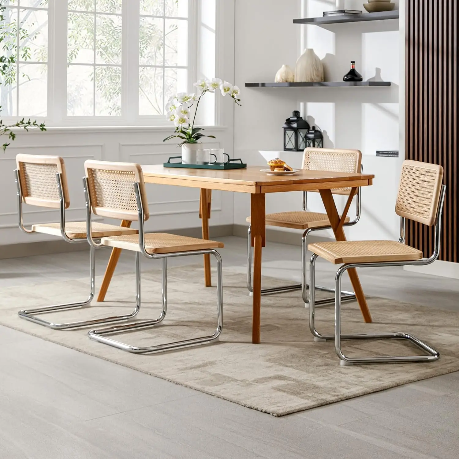 Natural Cane Mesh and Undyed Solid Wood Rattan Dining Chairs for Kitchen, Set of 2, Boho Mid Century Cantilever Design