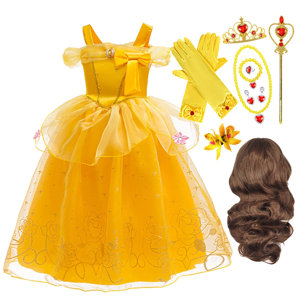 

Желтое платье для косплея Белль для девочек, детский костюм принцессы, одежда для детей на Хэллоуин, карнавал, день рождения, выступление, вечеринку