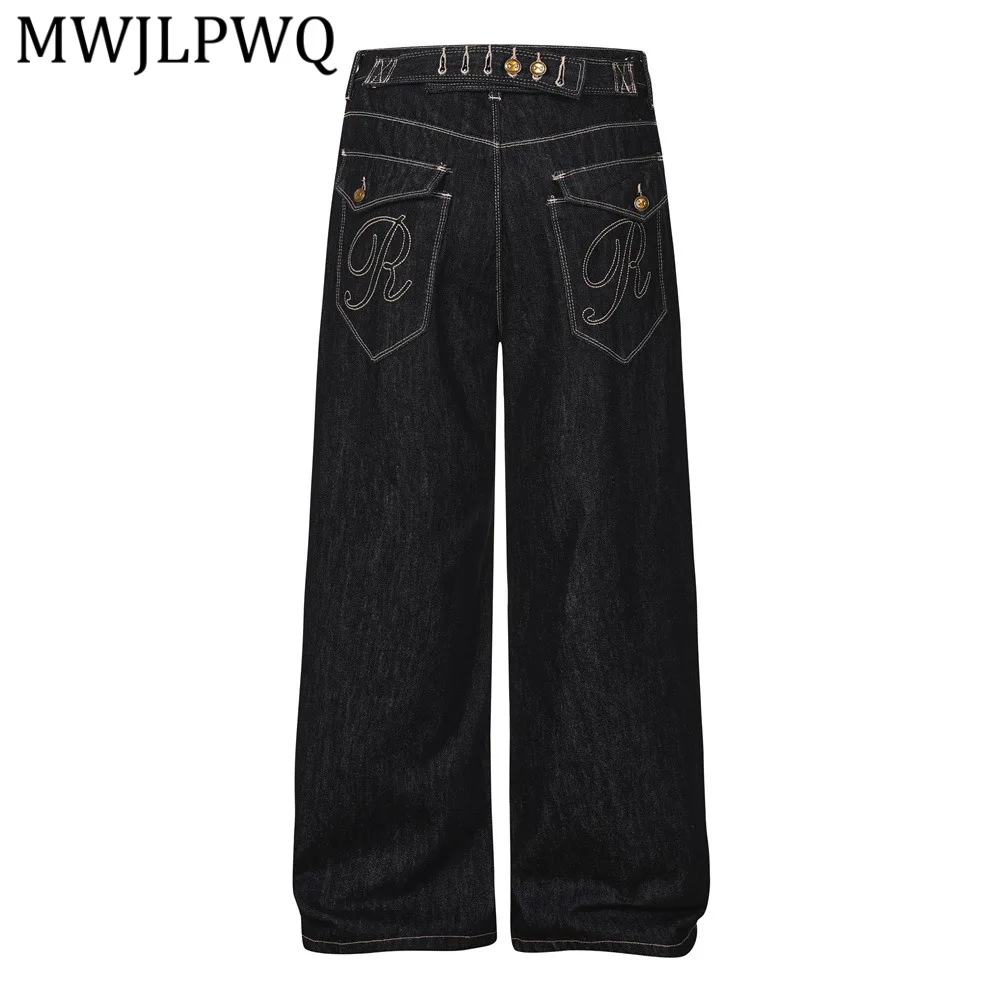 

MWJLPWQ High Street Embroidered Pocket Wide-Leg Denim Pants Loose Fit Men Adjustable Waistband Button Design Jeans Trendy 14706