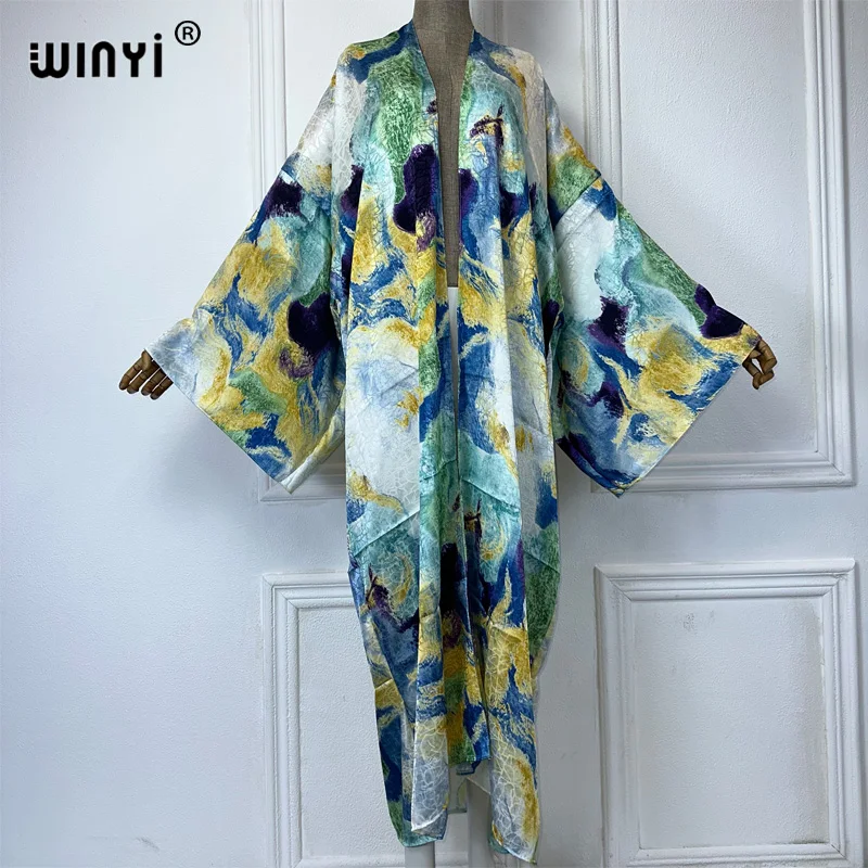 WINYI beach cover up print kimono maxi Dress Beach Wear Boho Cardigan abaya dubai luxury women muslim dress africa Long  coat