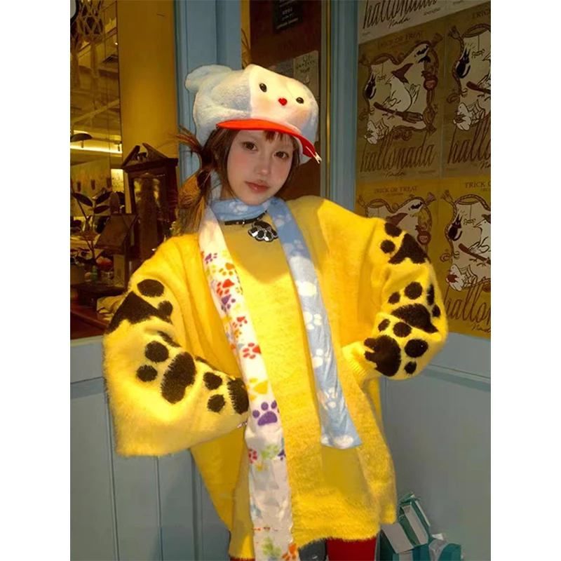 하라주쿠 프린트 스웨터 여성 Y2K 오버사이즈 니트 풀오버 일본식 긴팔 니트웨어 겨울 O넥 캐주얼 디자인 점퍼