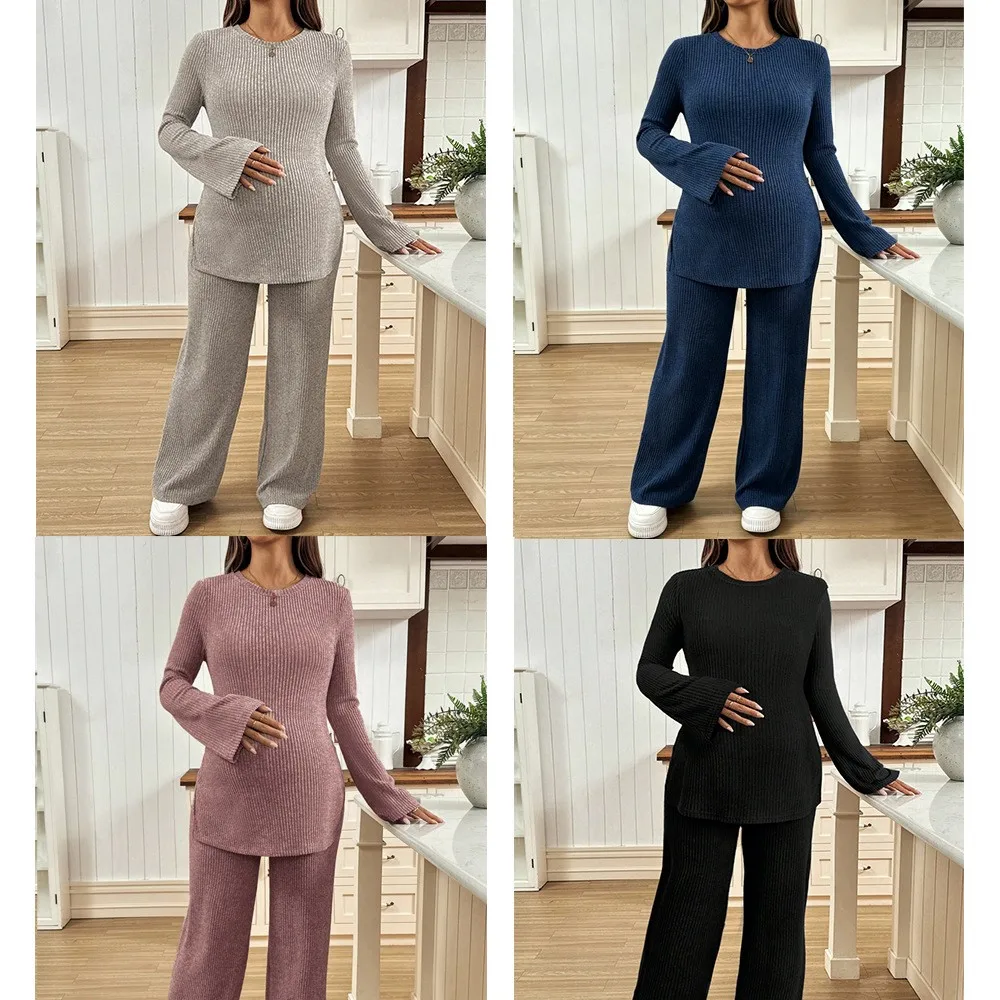 Casual Long Sleeve Set Japanese Korean Casual with Flare Sleeve Split Hem Top and Brushed Autumn Pants Two Set Maternity