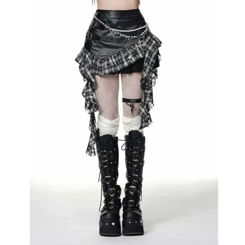 Y2K Street Trend Asymmetric Design Leather Stitching Lace Short Skirt Women's Shopping Versatile Hip-hugging Fashion Item Skirt