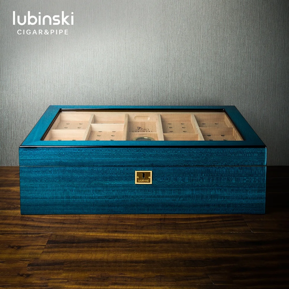 Lubinski Glass Window Display Big Capacity Blue Cedar Wood High-end Cigar Humidor Wholesale