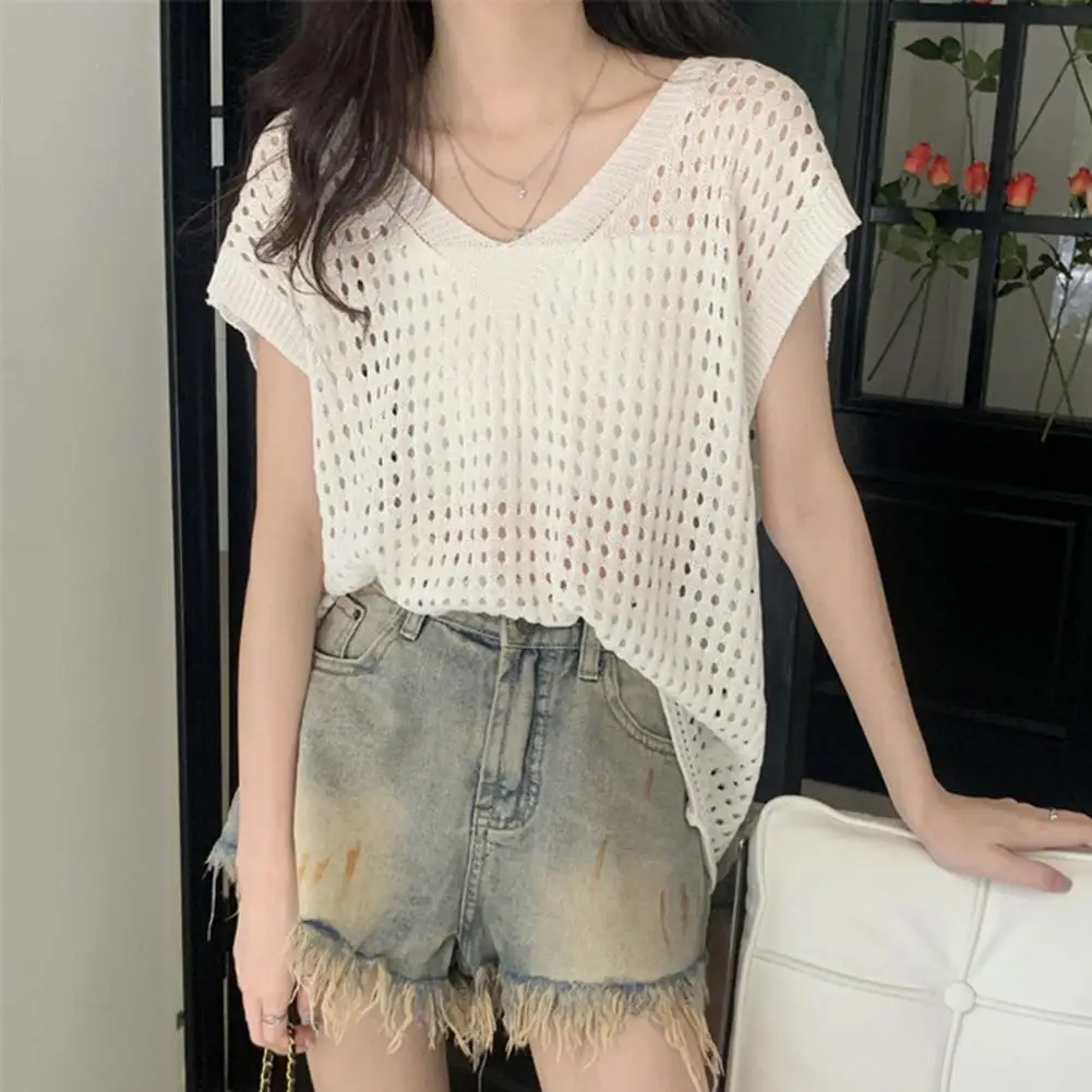 Sheer Crochet Top Button Front V-Neck Short Sleeve Open-knit Embroidery Blouse Women Summer Boho Vacation Outfit