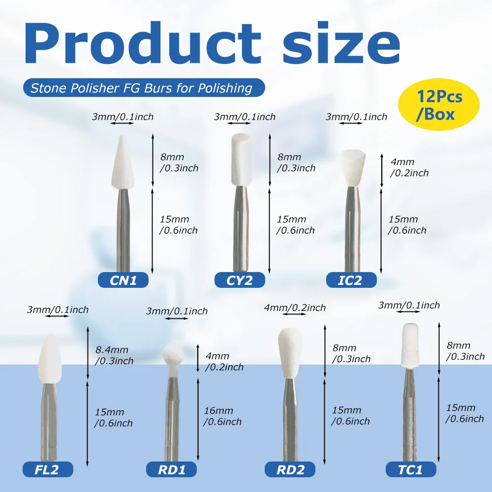

FG/RA/HP Dental Polishing Stone White Dentistry Tools Flame Cone Round Shape Porcelain Resin For Handpiece Burs 12Pcs/Box