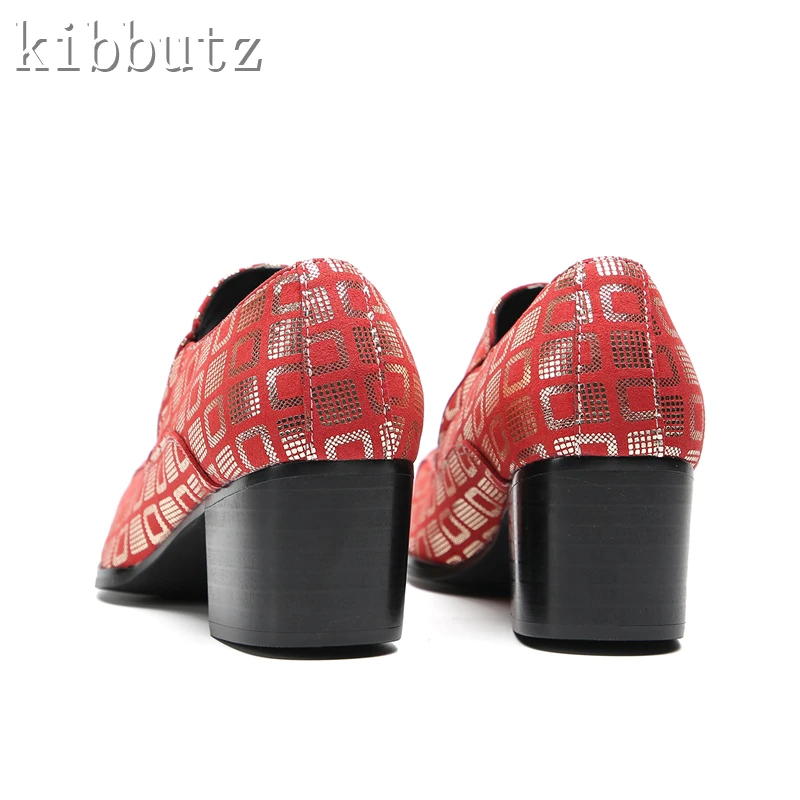 Red Prints Genuine Leather Men Formal Shoes Square Toe High Heels Slip On Loafers Male Wedding Office Party Shoes