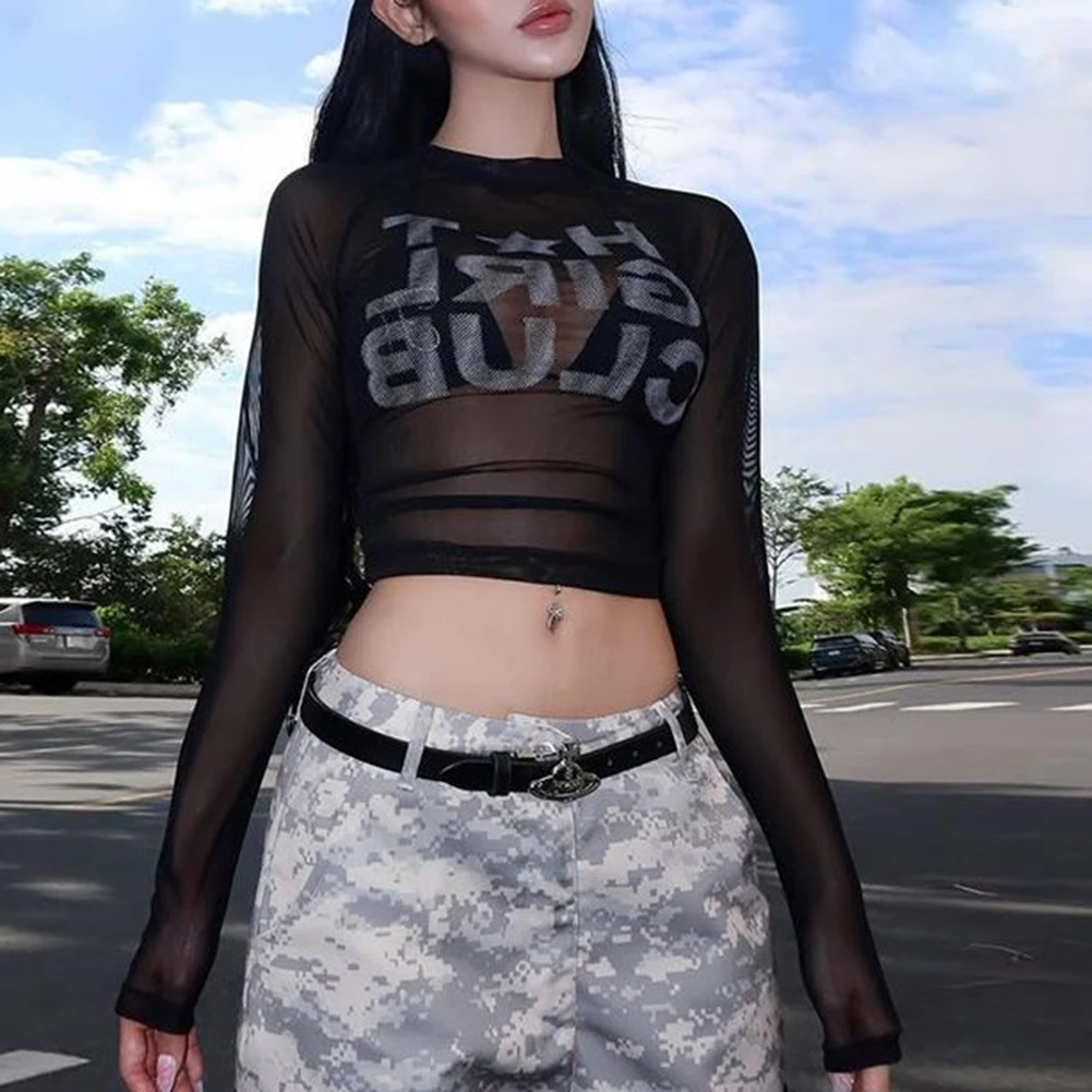 

Casual Gatherings Daily Outfit See-through Top Women Retro T-shirt Patchwork Women's Casual Wear Slim Fit Style