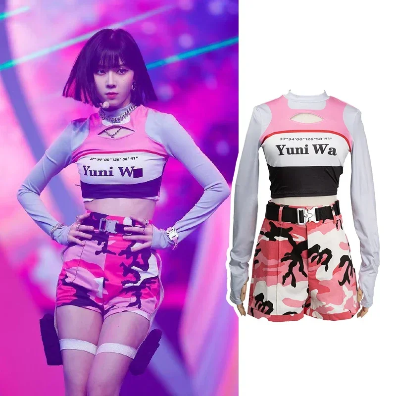 2025 新しい女性ジャズダンスヒップホップスーツ女性歌手のステージパフォーマンス衣装ピンク迷彩服フェスティバル絶賛衣装