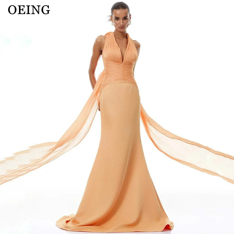 OEING-vestidos de noche elegantes de sirena, vestidos formales hasta el suelo con pliegues y cuello en V, vestidos formales de Gala personalizados