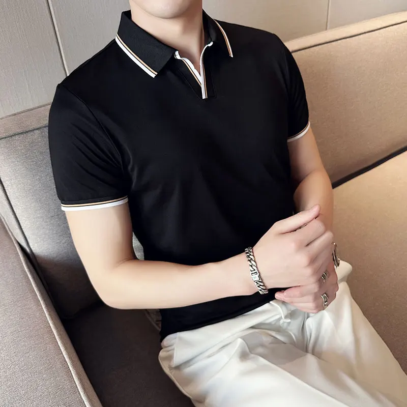 2023 Summer New Style Men\'s Casual Slim Fit Short Sleeve Solid Color POLO Shirt British Slim Lapel Color Blue T-shirt Polo S-4XL