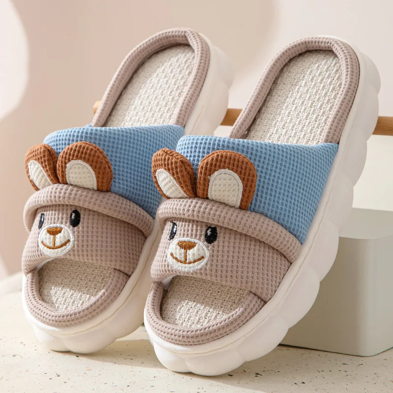 Cute Rabbit Plush Slippers Women Men Four Seasons Cotton Linen Slippers Winter Platform House Slippers Non-Slip Floor Mute Shoes