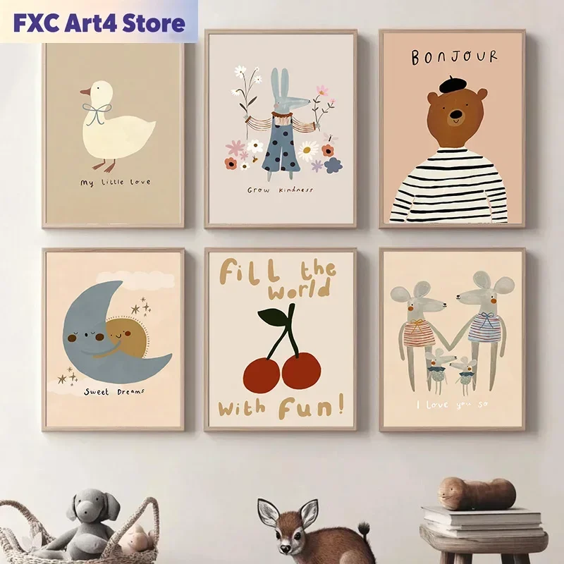 Póster sin Marco de Perro, Ganso, Conejo, Oso y Ratón de Dibujos Animados, Arte de Pared con Animales Lindos, Impresiones en Lienzo, Cuadros de Pared, Imágenes HD para Habitación Infantil