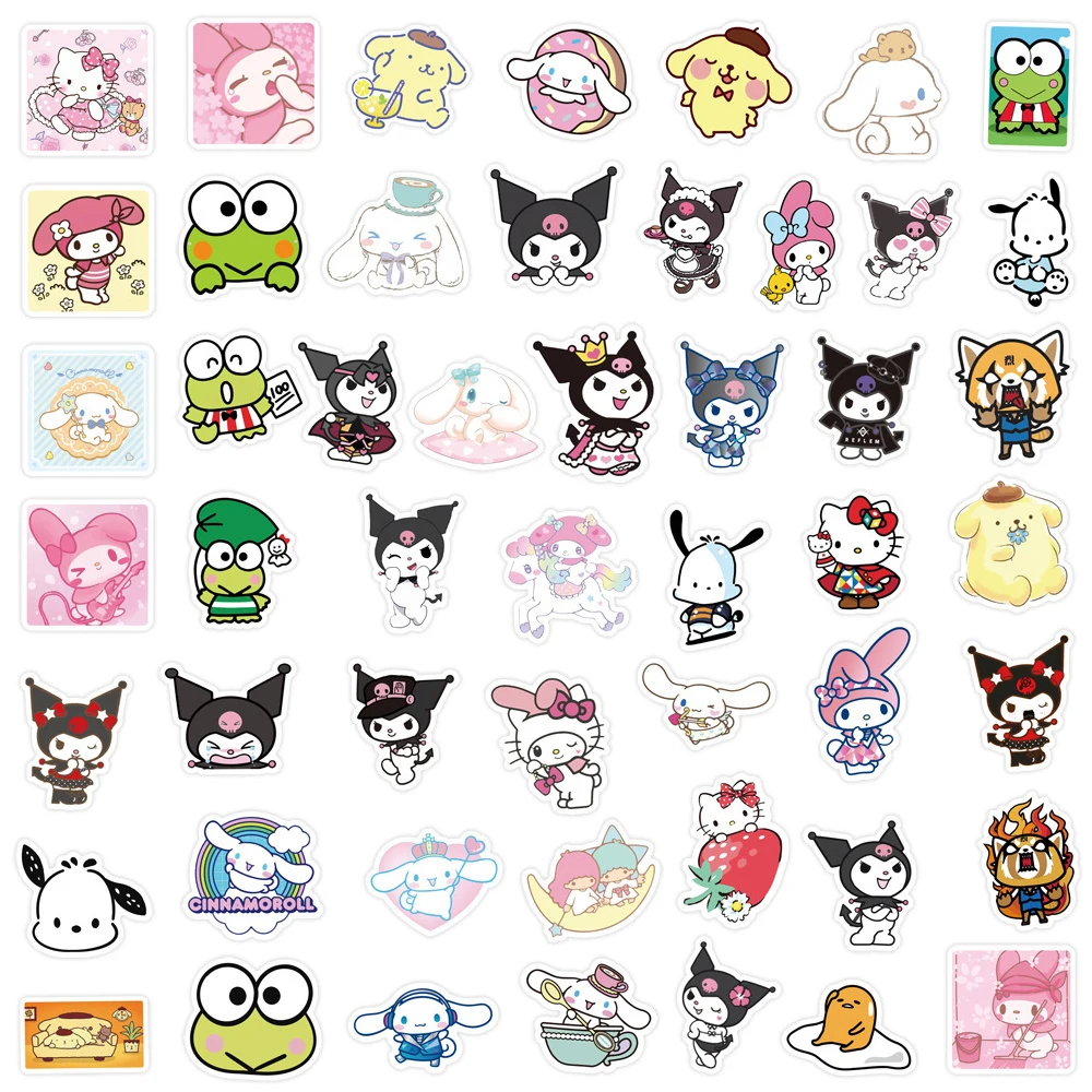 10/50/100/150 Uds. Bonita mezcla de pegatinas Sanrio de dibujos animados Hello Kitty Kuromi calcomanías portátil teléfono maleta para portátil pegatina de animé juguete para niños