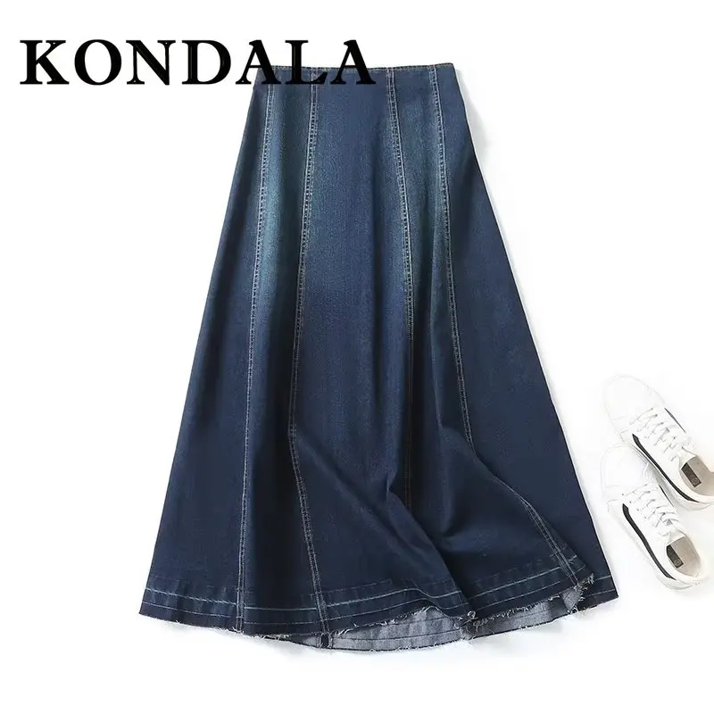 KONDALA Fashion 2025 Spring Woman Vintage Denim Long Skirt A-Line Zipper Skirt Tassel Streetwear Casual Mujer Female Vestidos