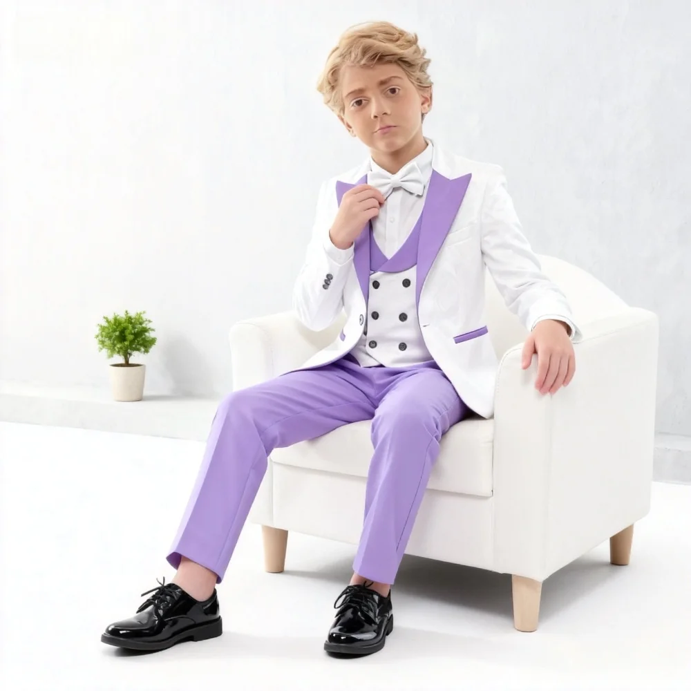 Premium Jacquard Boy's 3PCS Suit Best Selling Light Purple Classic Outfit For Boys Suitable For Ring Boys Campus Includes Blazer