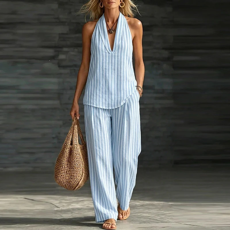 

New Summer Halter Vest Shirt Loose Wide Leg Pants Suit Women Casual Striped Printed Two Piece Set Female Beach Holiday Outfits