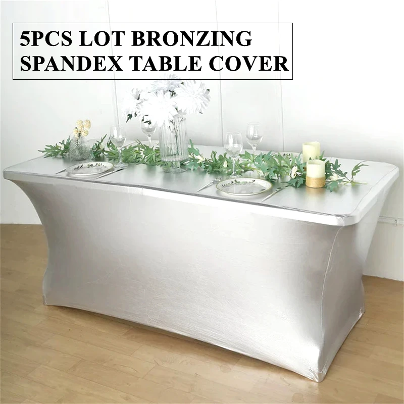 

Silver Gold Color Metallic Spandex Table Cover Banquet Stretch Lycra TableCloth Linen For Wedding Event Hotel Decoration