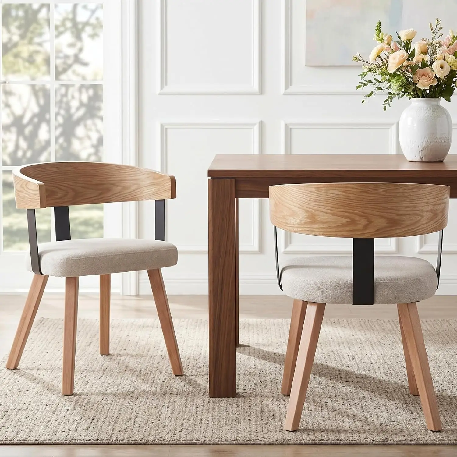 Wooden Dining Chairs Set of 2, PU Leather Fabric Upholstered Dining Room Chairs with Barrel Back, Modern Farmhouse
