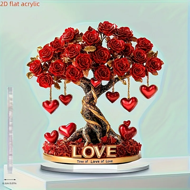 Love Rose Tree Decorative Valentine'S Day Ornament Acrylic Stand Romantic 2d Flat Acrylic For Bedroom Living Room Desktop