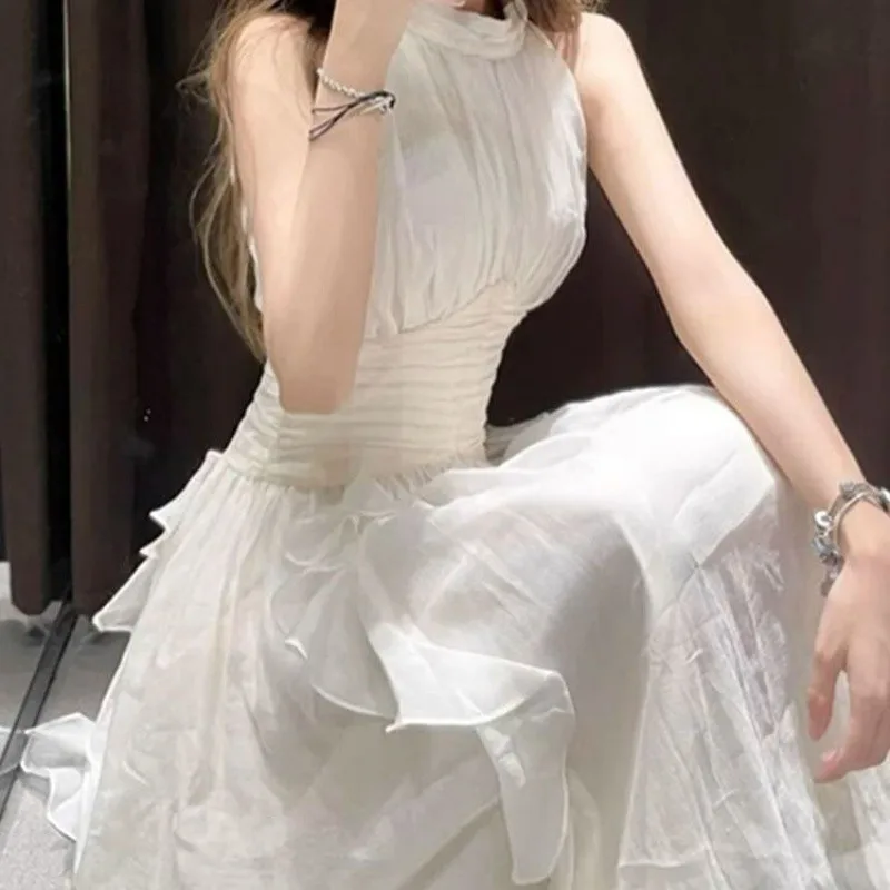 

French Off-the-shoulder Sleeveless Neck Waist Design Niche Temperament Long Dress Super Fairy Celebrity Fairy Sleeveless Top