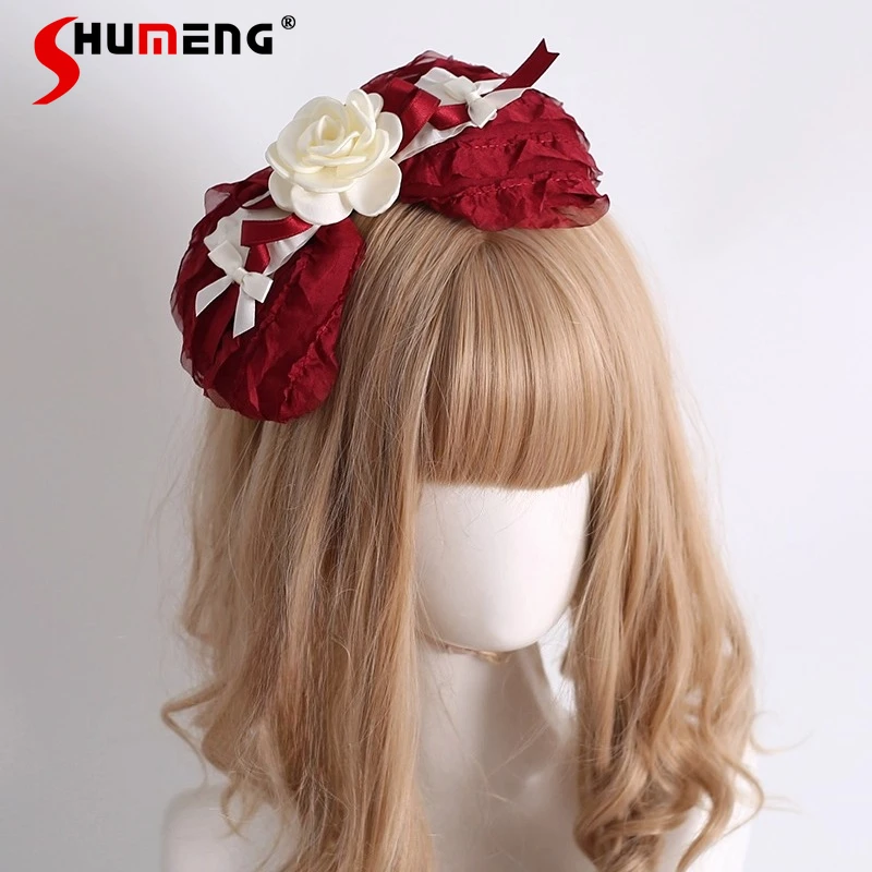 

New Headwear Original Burgundy Lace Cake Top Hat Sweet Pearl Bow Hairpin Headband KC Apparel Accessories Hair Clip For Ladies