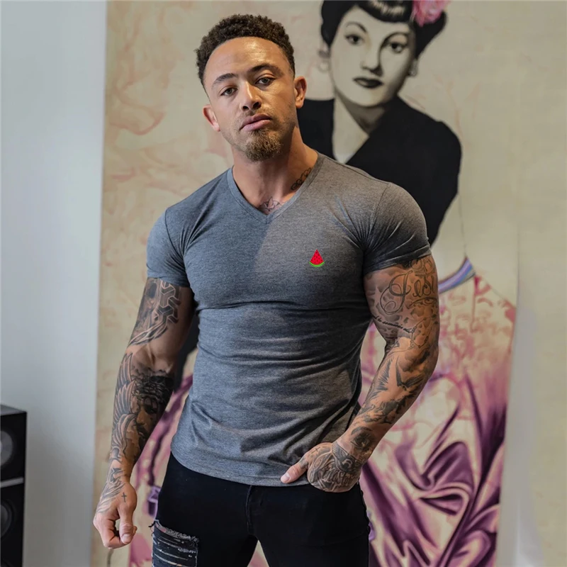 Sumemr Moisture Wicking Short Sleeve Cotton T-Shirt Men\'s V-Neck Slim Fit Shirt Fitness Bodybuilding Workout Tees Gym Clothing