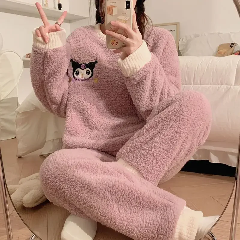 Sanrio Hello Kitty New Pink Pajamas Set Women Winter Coral Plush Thick Home Clothing Set Korean Style Cute Pijama Pjs Set Female