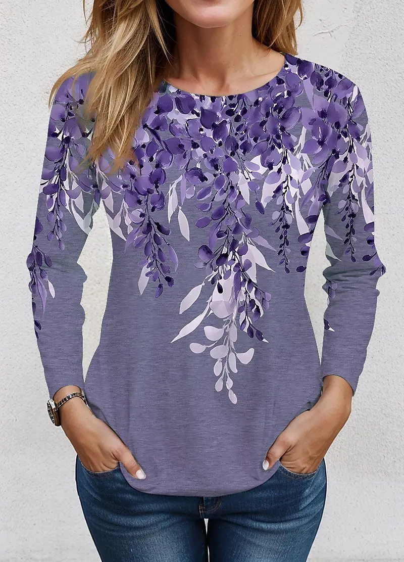 Manga longa padrão floral feminino camisetas casuais primavera outono 3d flor impressão estilo retro feminino camiseta 3xl plus size o-pescoço topos