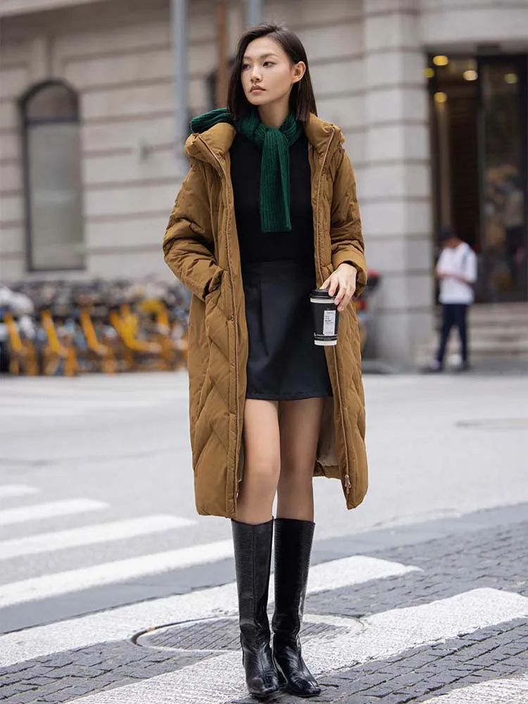 Luksusowa damska długa kurtka puchowa z gęsiego puchu Oversize 2025 Winter Warm Brown puffer coat with hooded Casual outerwear INKEO DJ525