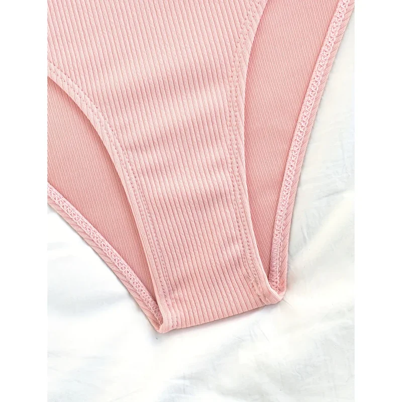 Bikinis acanalados de cintura alta, traje de baño Push Up para mujer, conjunto de Bikini de un hombro, traje de baño de dos piezas, trajes de baño rosas, ropa de playa para mujer