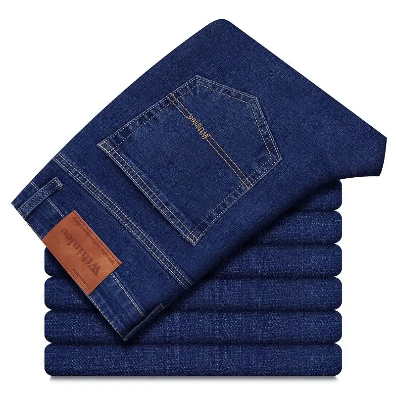 Whinlee hommes classique bleu noir affaires Stretch brodé jean décontracté droit mode travail Denim pantalon marque vêtements