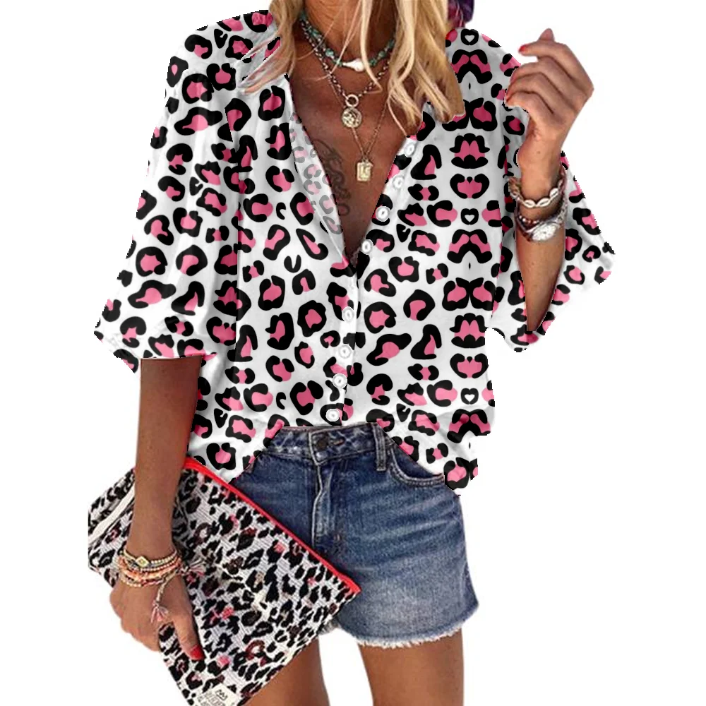 Retro Design Leopard Print Shirt Spring Summer Fashion Women Casual Blouse Loose Tops Y2k Clothes Streetwear Harajuku Clothing