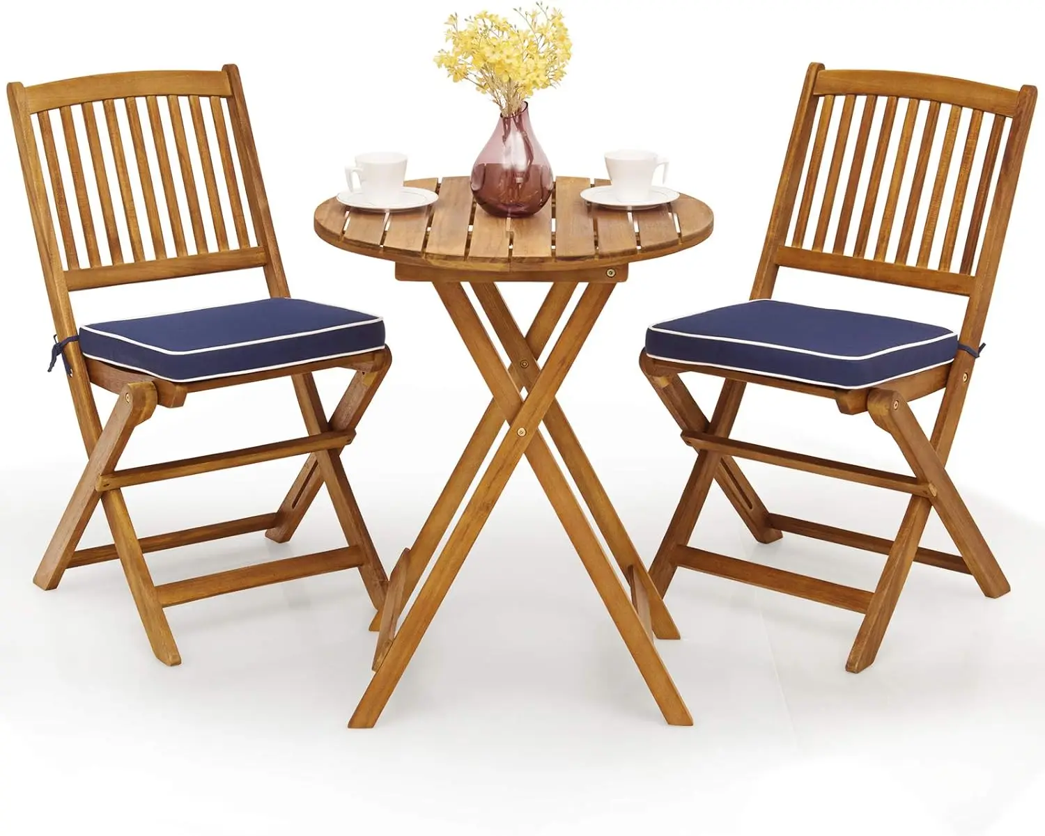 

Giantex 3Pcs Patio Bistro Set, Wood Folding Table Set, 2 Cushioned Chairs for Garden Yard, Outdoor Furniture Round Table