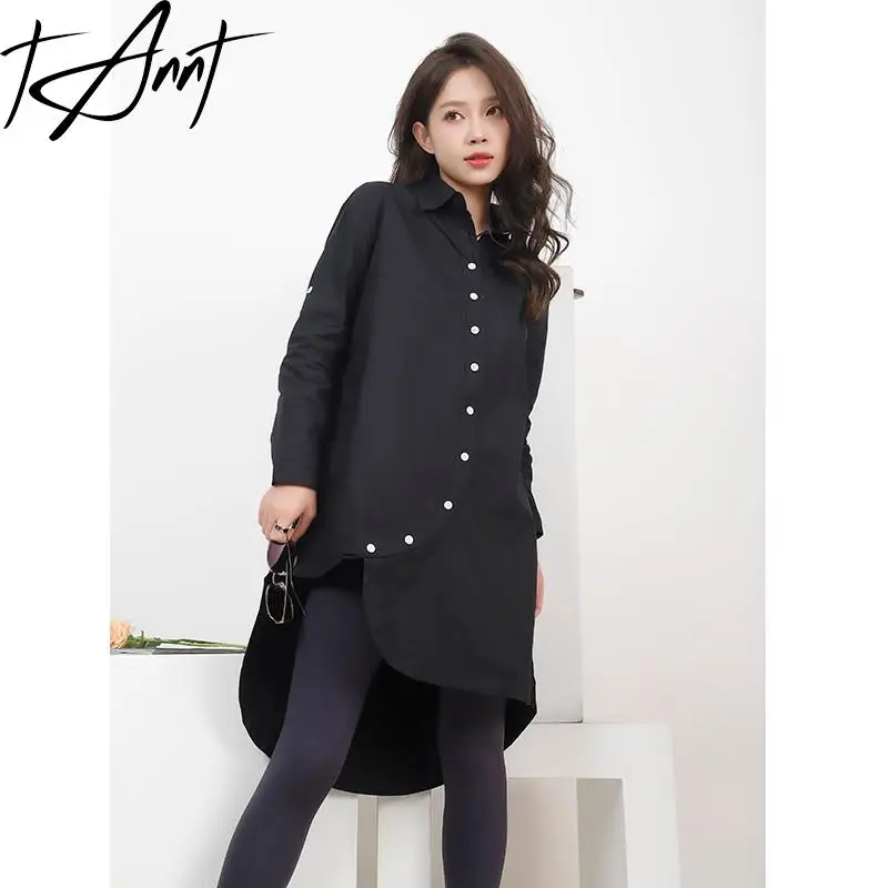 Tannt Women Dress Asymmetry Long Sleeves Black Cotton Irregular Loose Leisure Long Shirts Dresses For Women