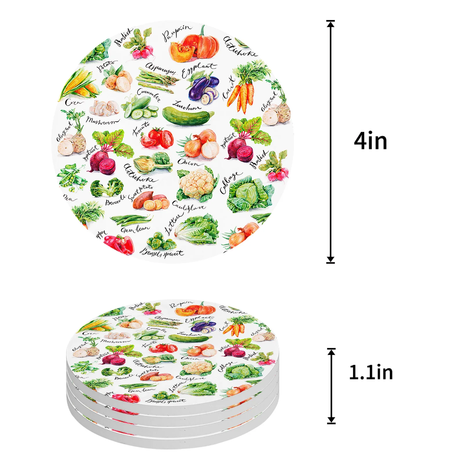 Watercolor Vegetable Texture Coasters Ceramic Set Round Absorbent Drink Coaster Coffee Tea Cup Placemats Table Mat